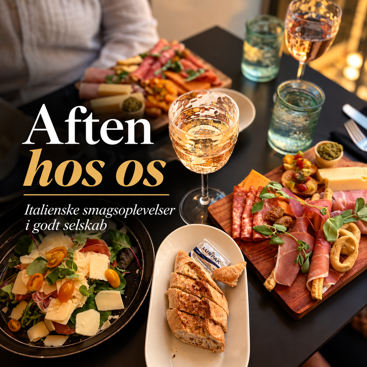 Italiensk aften hos Gelato di Natura med tapas, charcuteri, oste, salat og vin i hyggelige caf&eacute;omgivelser.