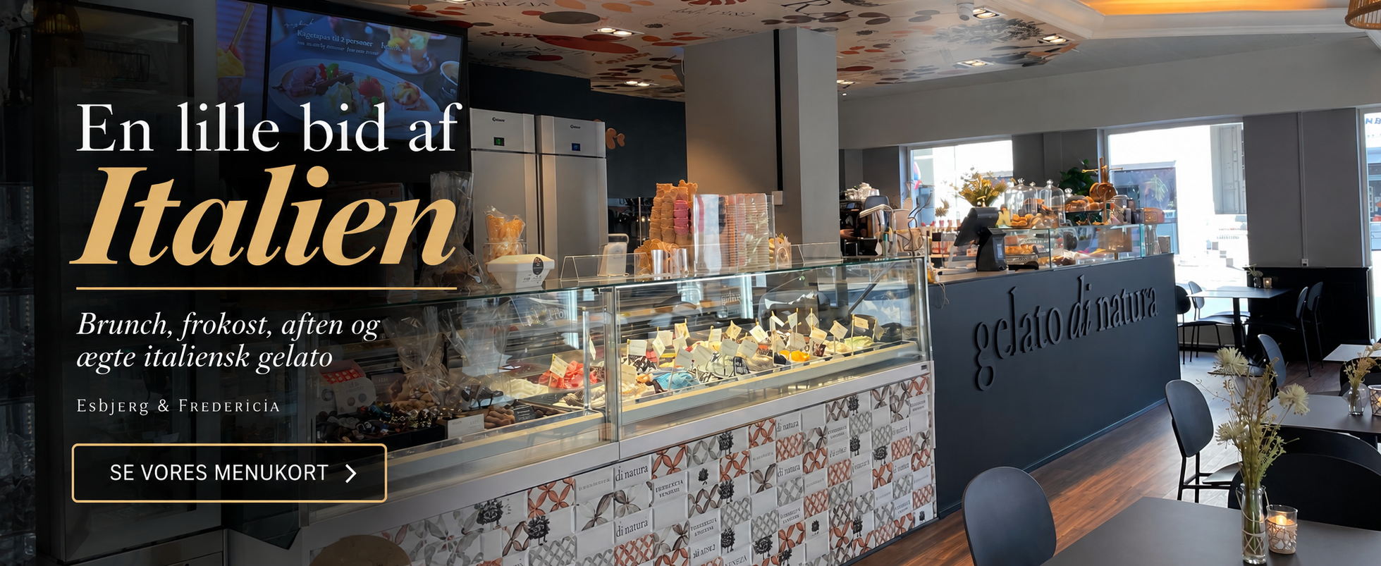 Isdisk med italiensk gelato og siddepladser hos Gelato di Natura &ndash; caf&eacute; med brunch, frokost og aftenmenu i Esbjerg og Fredericia.
