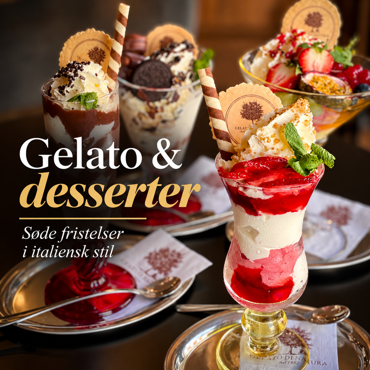 Italienske gelatodesserter hos Gelato di Natura med fl&oslash;deskum, chokolade, jordb&aelig;r og spr&oslash;de vafler.