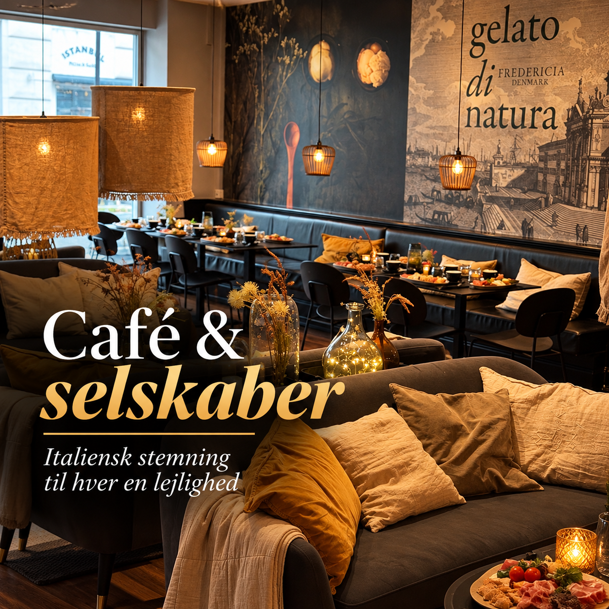 Hyggelig indretning hos Gelato di Natura i Fredericia med bl&oslash;de sofaer, d&aelig;kkede caf&eacute;borde og plads til selskaber.