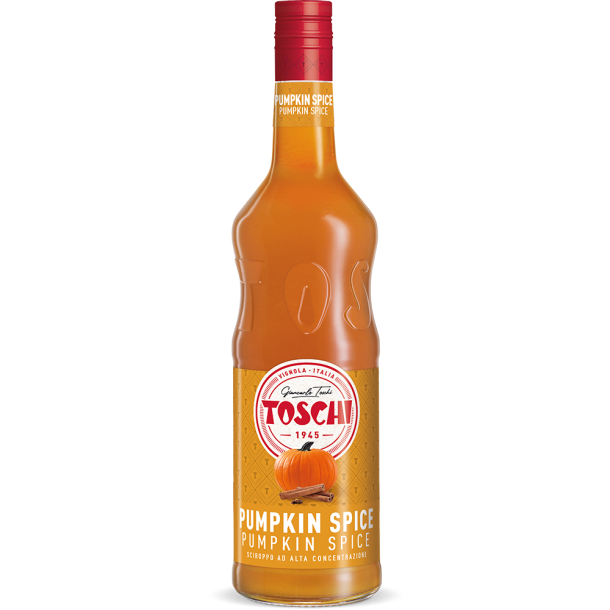 Toschi Pumpkin Spice Syrup 1 L flaske – italiensk kaffesirup med grskar og varme krydderier, perfekt til latte, dessert og cocktails
