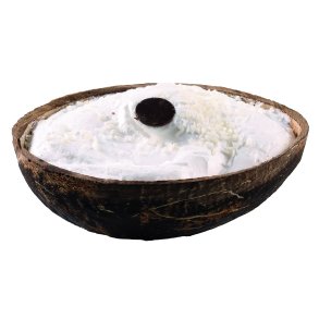 Kokos is serveret i naturlig kokosskal som portionsdessert til professionel brug