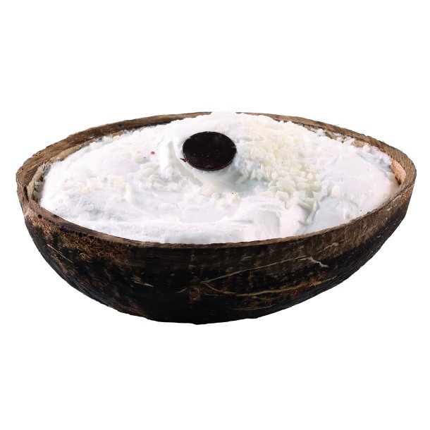 Kokos is serveret i naturlig kokosskal som portionsdessert til professionel brug