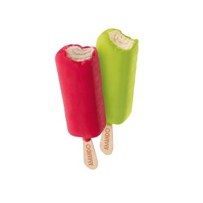 Plantebaseret ispind med vaniljeis p� siciliansk mandeldrik, lime- og ingef�rvariegato samt frugtsorbet med friske frugtnoter.