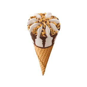 100% vegansk isvaffel med vaniljeis p� mandeldrik, kakaoglasur samt spr�de stykker af hasseln�dder og chokolade.