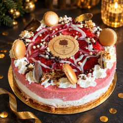 H�ndlavet nyt�rsislagkage med jordb�rgelato, softice gelato, macarons og chokoladepynt fra Gelato di Natura &ndash; til 8&ndash;10 personer.