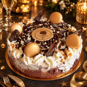 H�ndlavet nyt�rsislagkage med chokoladegelato, stracciatella, macarons og chokoladepynt til 8&ndash;10 personer