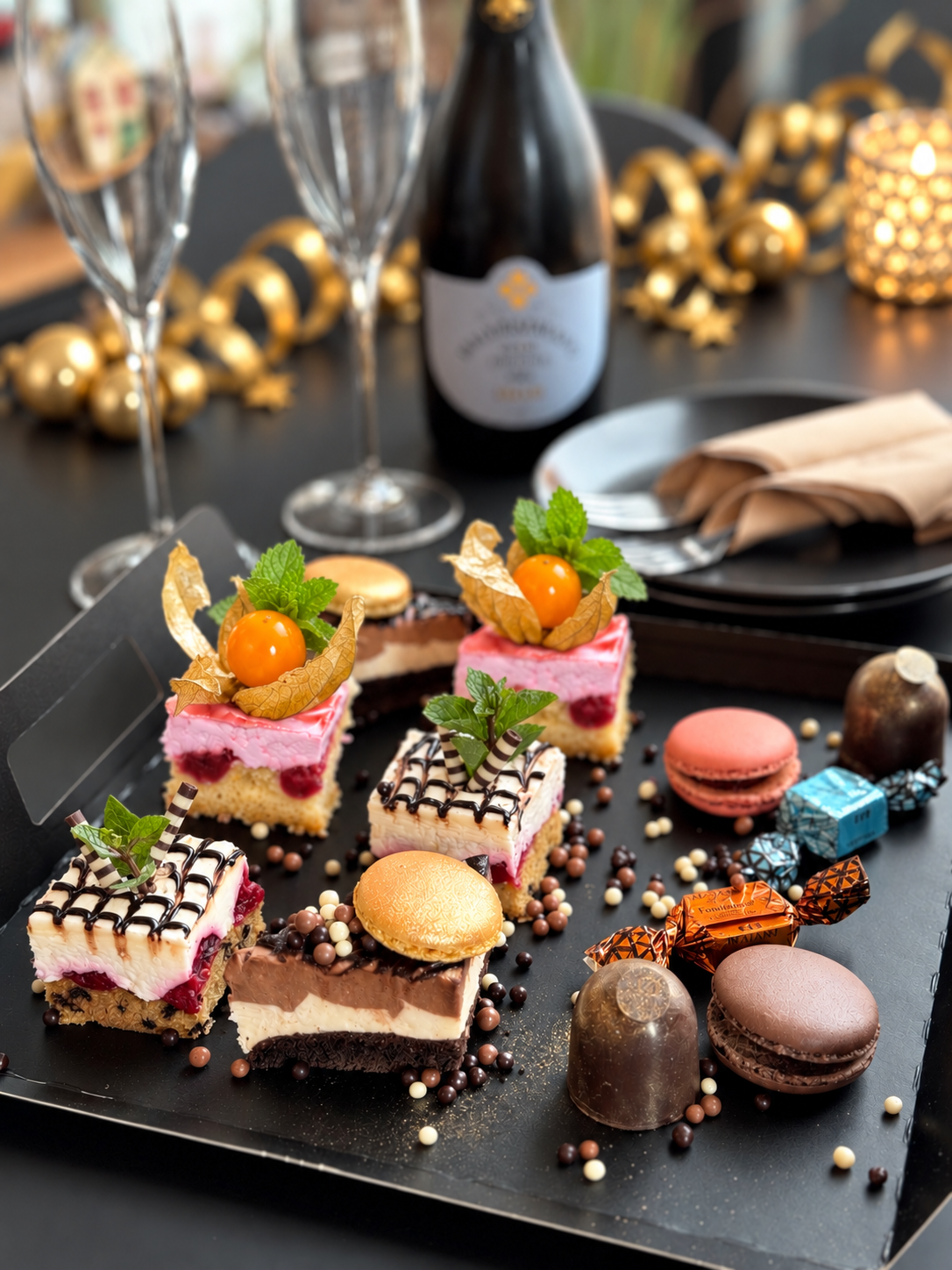 Nyt�rs desserttapas med jordb�rcremesnitte, sm� kager, macarons og chokolade fra Gelato di Natura
