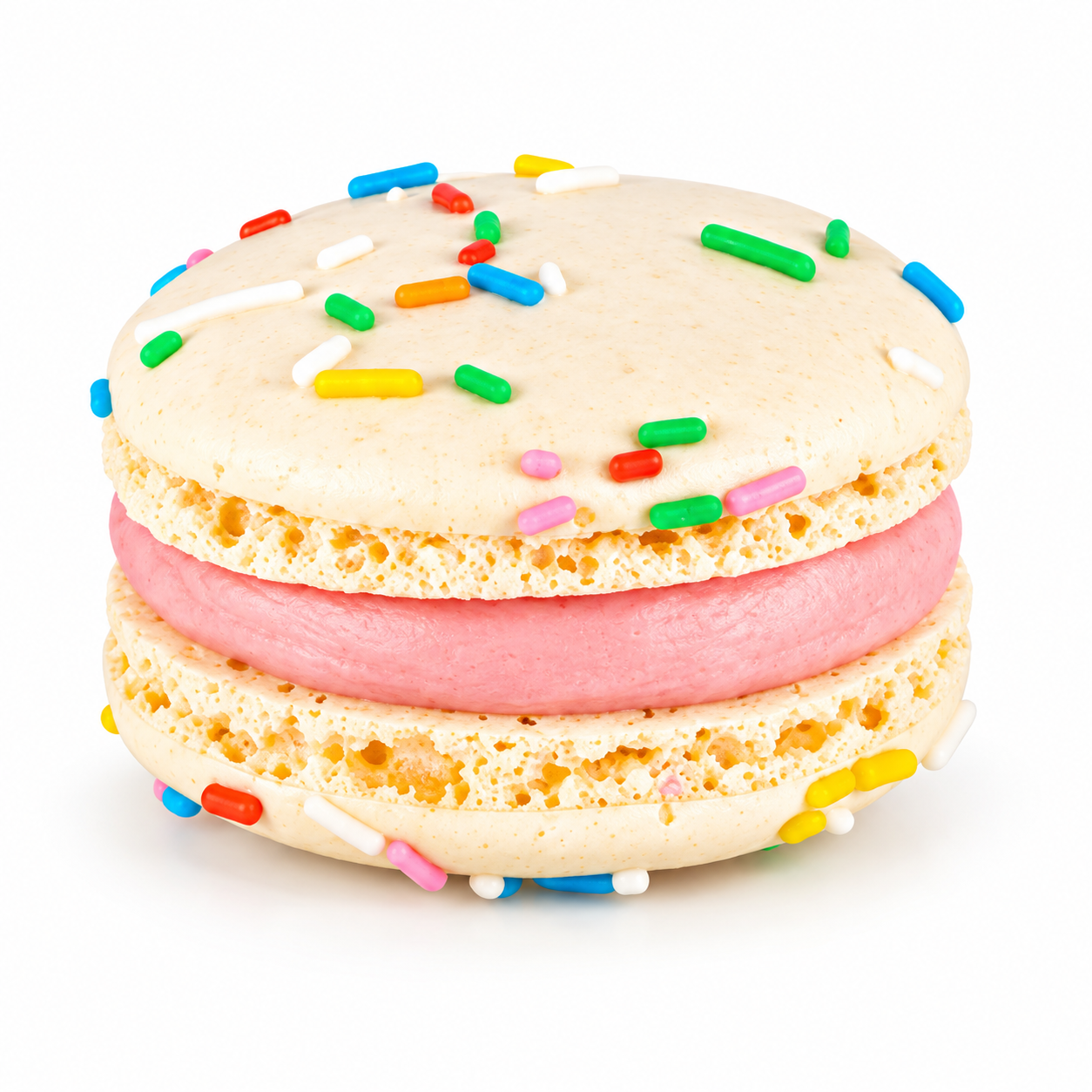 Italiensk Bubblegum macaron med hvid chokolade og farverig pynt