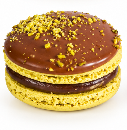 Italiensk luksus macaron med Dubai Chocolate, pistacie, m�lkechokolade og spr�d kataifi